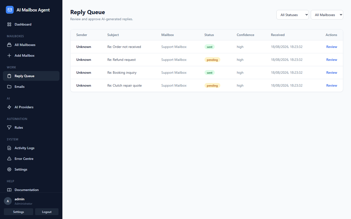 AI reply queue for human approval